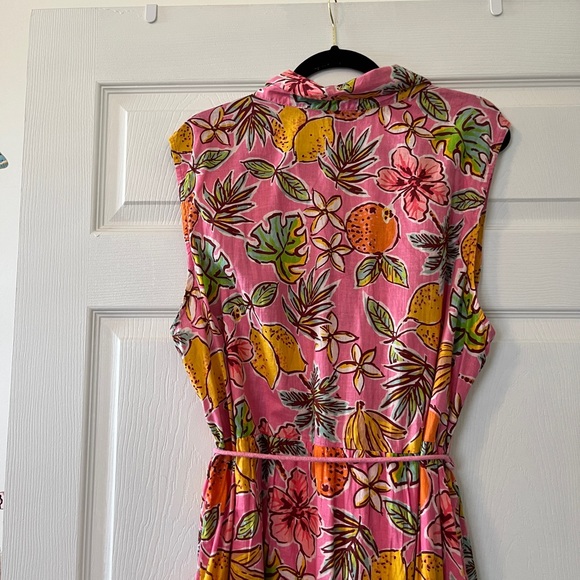 mlle Gabrielle pink cotton double-lined button up tiered tropical midi dress - Picture 5 of 5